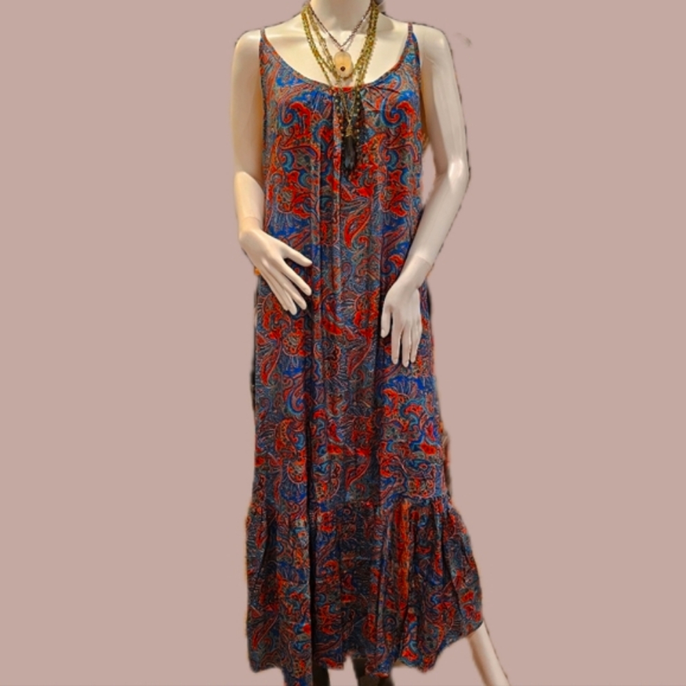 KARMA Hwy Blue Pink Shift Ruffle Hem Print Maxi Dress OS NEW